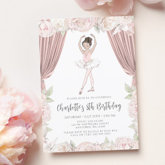 Eleganter rosa Floral Ballerina Brown Hair Geburts Einladung