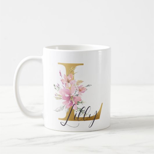 Eleganter Rosa Floral Gold Monogram Letter L Kaffeetasse (Links)