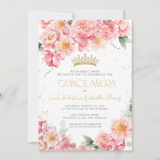 Eleganter rosa Floral Gold QR Code Quinceañera Einladung (Vorderseite)