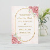 Eleganter Rosa Floral Gold Rahmen Nuestra Boda Einladung (Stehend Vorderseite)