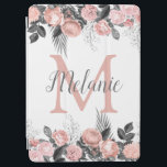 Eleganter rosa Floral Monogram iPad Air Cover<br><div class="desc">Hübsch rosa,  florale Monogramm-Pad-Abdeckung mit klassisch weißem Hintergrund,  eine Auswahl an rosa Blume,  graue Folaige mit einer leicht personalisierten Monogramm-Vorlage. Alle Stile,  Größen und Farben des Schriftartes können durch einen Klick auf den Link nach der Personalisierung angepasst werden.</div>