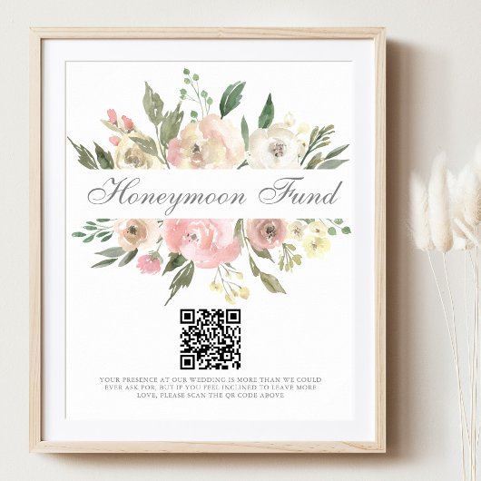 Eleganter Rosa Floral Wedding Honeymoon Fund QR Co Poster