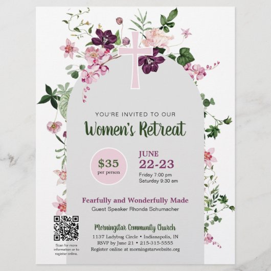 Eleganter Rosa Floral Women's Church QR Code Retre Flyer (Vorne)