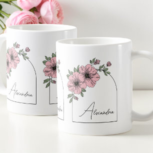 Eleganter rosa floraler botanischer Bogen schwarze Kaffeetasse