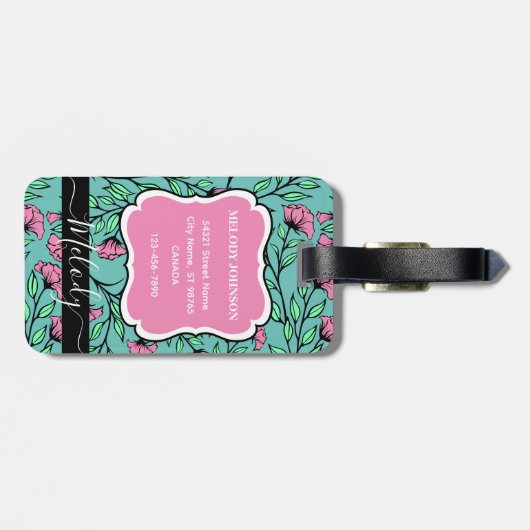 Eleganter rosa, floraler Gepäckträger mit Monogram Gepäckanhänger (Rückseite horizontal)