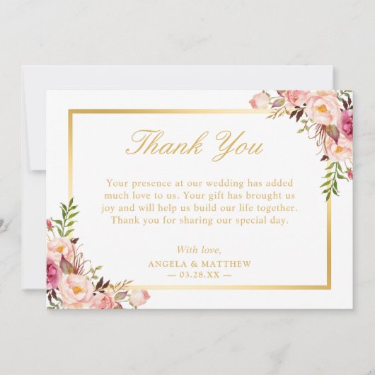 Eleganter, rosa, floraler Gold Rahmen Vielen Dank Dankeskarte (Vorderseite)