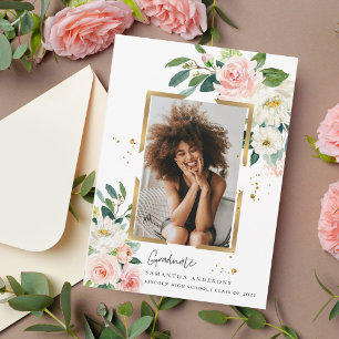 Eleganter, rosa, floraler Goldrahmen und Tropfen-I Einladung