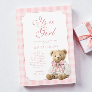 Eleganter rosa Gingham-Bär Es ist ein Mädchen - Ba Einladung