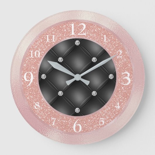 Eleganter rosa Glitzer auf schwarz mit Diamanten Große Wanduhr (Vorderseite)