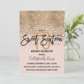 Eleganter Rosa Glitzer Confetti Sweet 16 Einladung (Stehend Vorderseite)
