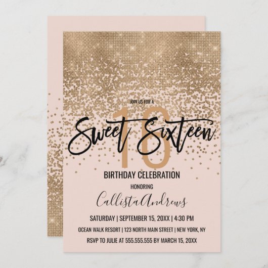 Eleganter Rosa Glitzer Confetti Sweet 16 Einladung (Vorne/Hinten)