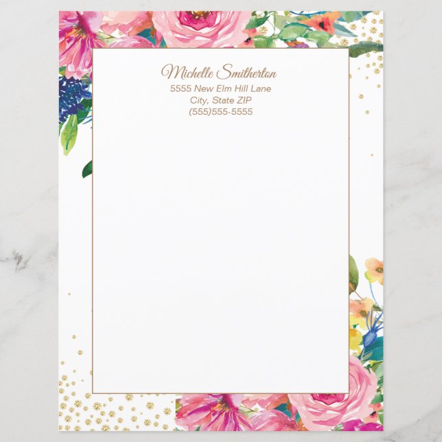 Eleganter rosa Glitzer Flora Letterhead (Vorderseite)