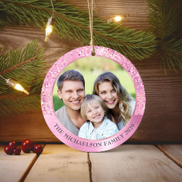 Eleganter Rosa Glitzer Foto Metallische Weihnachte Keramik Ornament