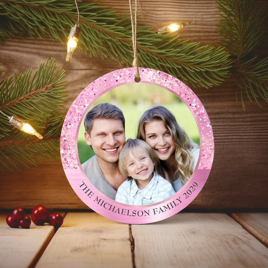 Eleganter Rosa Glitzer Foto Metallische Weihnachte Keramik Ornament