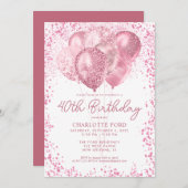 Eleganter Rosa Glitzer Glam Balloon Geburtstag Einladung (Vorne/Hinten)