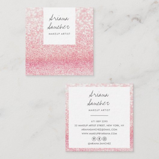 Eleganter, rosa Glitzer Glam Make-up-Künstler weiß Quadratische Visitenkarte (Vorne/Hinten)