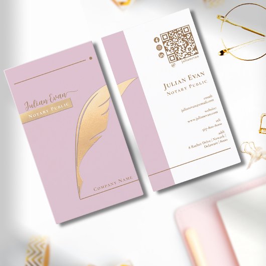 Eleganter rosa Glitzer Gold Quill Notary Public QR Visitenkarte