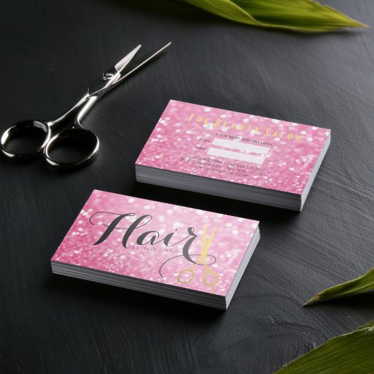 Eleganter Rosa Glitzer Goldschere Haarstil Terminkarte