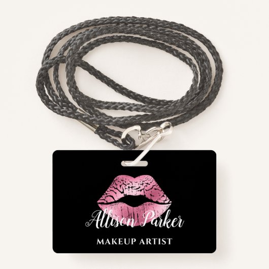 Eleganter rosa Glitzer Kiss Makeup Artist Ausweis (Vorderseite mit Schlüsselband)
