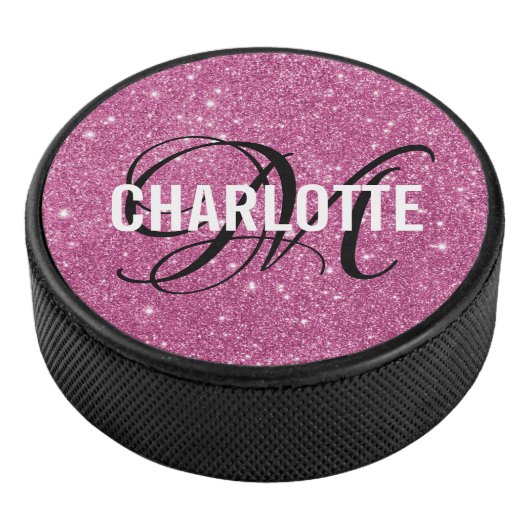 Eleganter Rosa Glitzer Monogramm Name Hockey Puck (3/4)