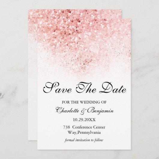 Eleganter Rosa-Glitzer Save the Date (Vorne/Hinten)