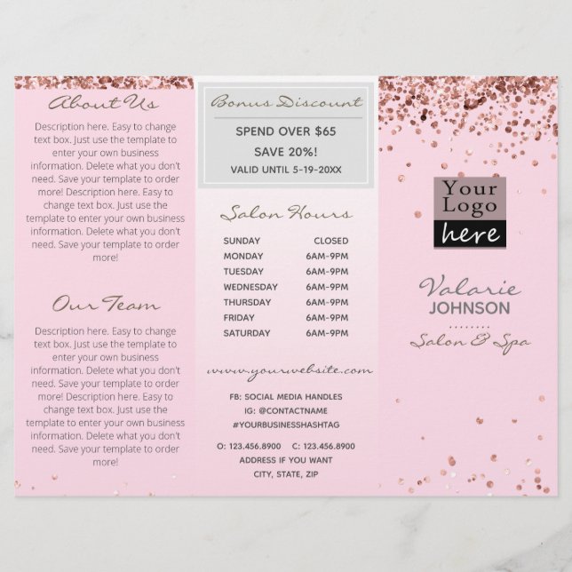 Eleganter Rosa Glitzer Trifold Salon Broschüre (Vorderseite)