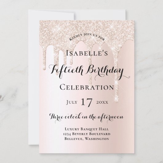 Eleganter Rosa Glitzer Tropfen 50. Geburtstag Einladung (Vorderseite)