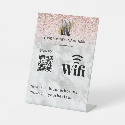 Eleganter rosa Glitzer Wifi QR-Logo Sockelschild (Vorderseite)