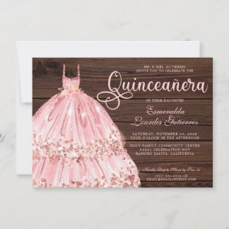 Eleganter Rosa Glitzer Wood Quinceañera Einladung