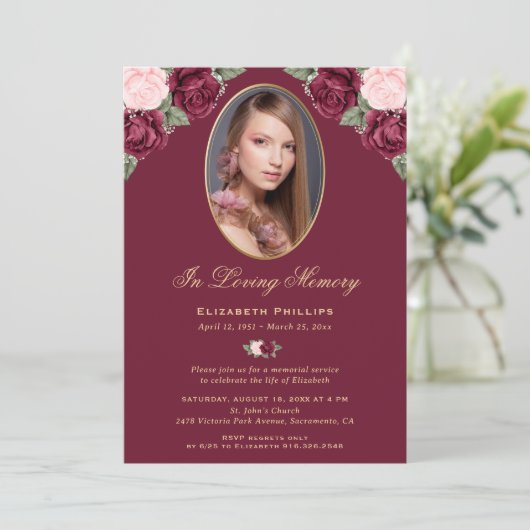 Eleganter Rosa-Gold-Foto-Gedenkservice Einladung (Stehend Vorderseite)