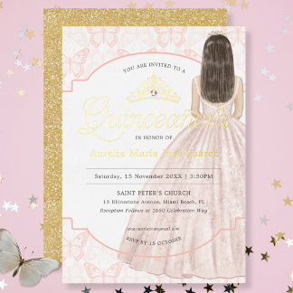 Eleganter Rosa Gold Glitzer Quinceañera Geburtstag Folieneinladung