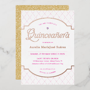 Eleganter Rosa Gold Glitzer Quinceañera Geburtstag Folieneinladung