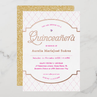 Eleganter Rosa Gold Glitzer Quinceañera Geburtstag Folieneinladung
