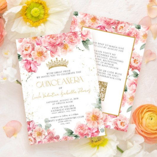 Eleganter rosa Gold QR Code Floral Quinceñera Einladung