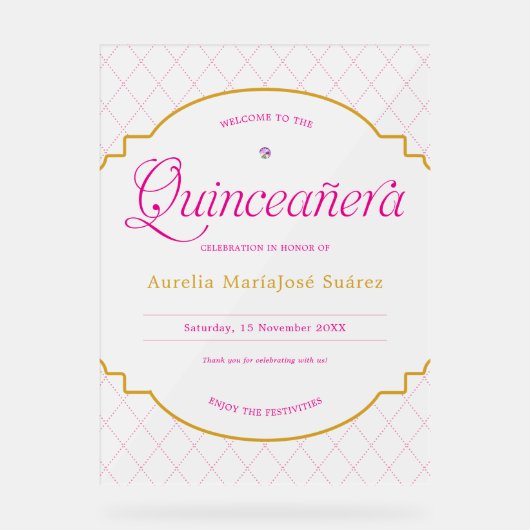 Eleganter Rosa Gold Quinceanera Mattierter Empfang Acrylschild (Vorderseite)