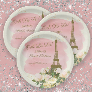 Eleganter rosa goldener Eiffelturm Paris Sweet 16 Pappteller