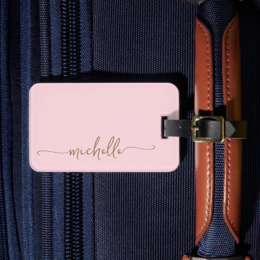 Eleganter rosa Goldkalligraphie-Script Monogram-Na Gepäckanhänger (Vorderseite Insitu 4)