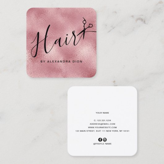 Eleganter Rosa-Goldschere Quadratische Visitenkarte (Vorne/Hinten)