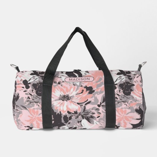 Eleganter rosa, graue, florale Muster Personalisie Duffle Bag (Vorderseite)