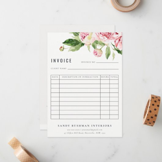 Eleganter rosa grüner Peony Floral Rechnungseingan Mitteilungskarte (Vorderseite/Rückseite Beispiel)