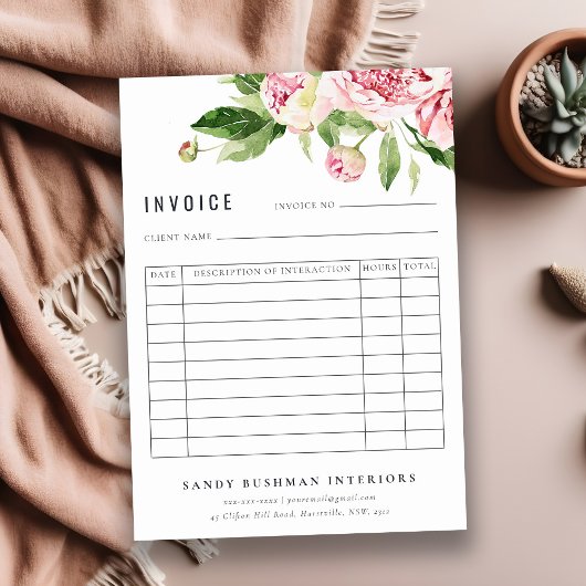 Eleganter rosa grüner Peony Floral Rechnungseingan Mitteilungskarte