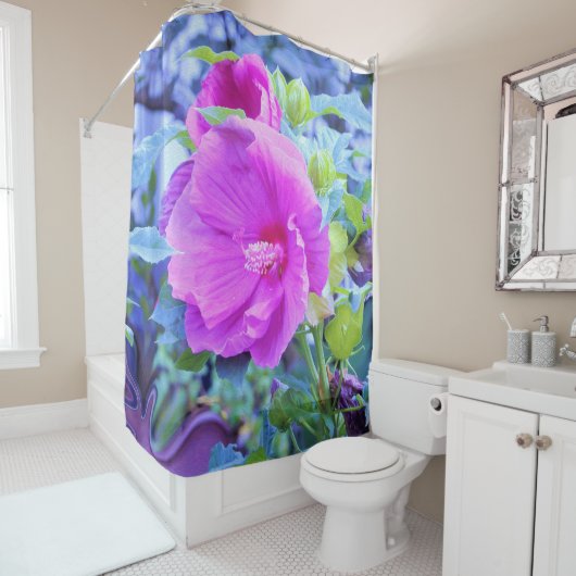 Eleganter rosa Hibiskus mit Wavy Blue Foliage Duschvorhang (Beispiel)
