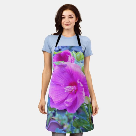 Eleganter rosa Hibiskus mit Wavy Blue Foliage Schürze (Getragen)