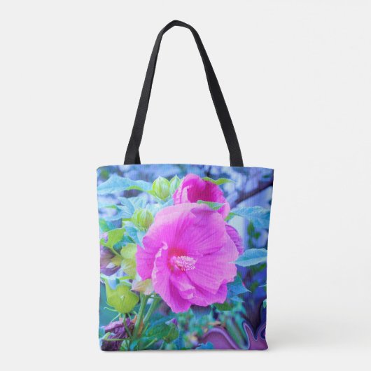Eleganter rosa Hibiskus mit Wavy Blue Foliage Tasche (Rückseite)