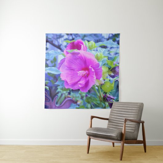 Eleganter rosa Hibiskus mit Wavy Blue Foliage Wandteppich (Beispiel)