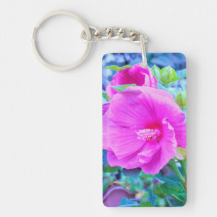 Eleganter rosa Hibiskus mit welliger blauer Blattp Schlüsselanhänger