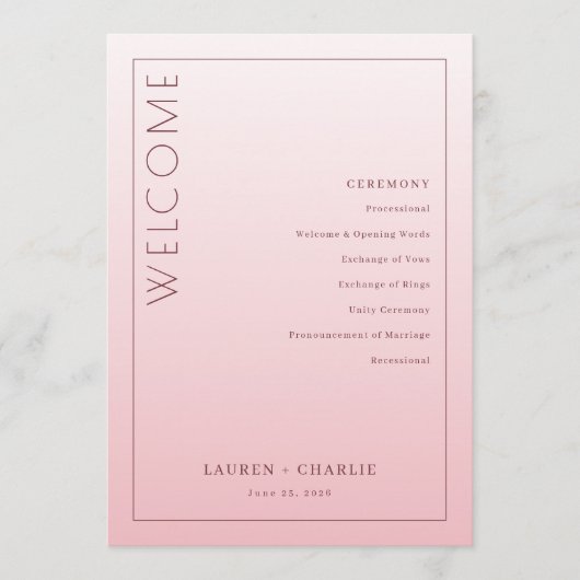 Eleganter rosa Hochzeitsablauf Programm (Vorderseite)