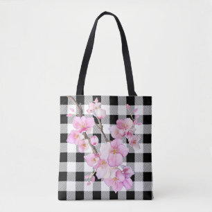 Eleganter Rosa Kirschblüten Schwarz-weißer Gingham Tasche