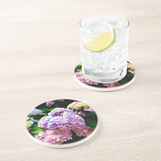 Eleganter, rosa, lila blauer Hydrangea-Garten Getränkeuntersetzer (Seite)