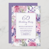 Eleganter rosa Lila Blüte 60. Geburtstag Einladung (Vorne/Hinten)